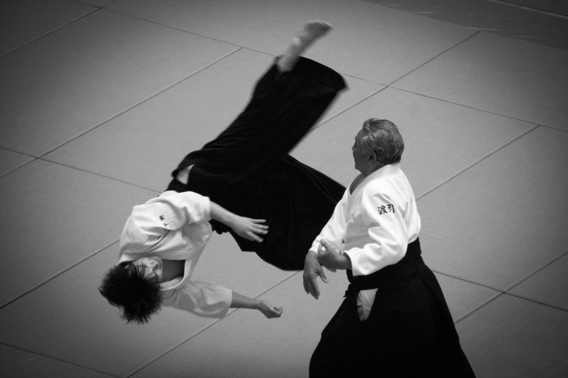An aikido teacher and student during a demonstration on a dojo mat
